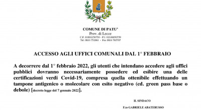 Dal 1° febbraio servirà il green pass base per accedere agli uffic...