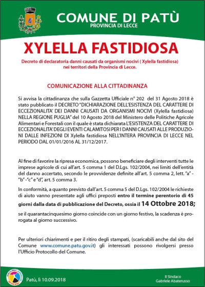 XYLELLA FASTIDIOSA - Decreto di declaratoria danni causati da organismi nociv...