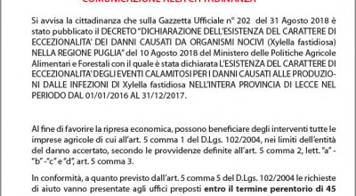 XYLELLA FASTIDIOSA - Decreto di declaratoria danni causati da organismi nociv...