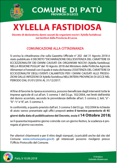 XYLELLA FASTIDIOSA - Decreto di declaratoria danni causati da organismi nociv...