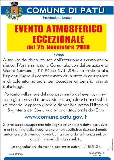 EVENTO ATMOSFERICO ECCEZIONALE DEL 25 NOVEMBRE 2018
