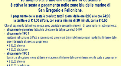 SOSTA  A PAGAMENTO NELLE MARINE DI SAN GREGORIO E FELLONICHE DAL 15 GIUGNO AL...