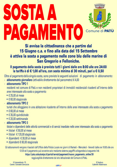 SOSTA A PAGAMENTO NELLE MARINE DI SAN GREGORIO E FELLONICHE DAL 15 GIUGNO AL...